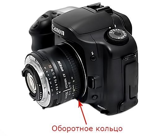 Установка объектива Nikon на камеру Canon  с помощью оборотного реверсивного макрокольца 52мм-Canon